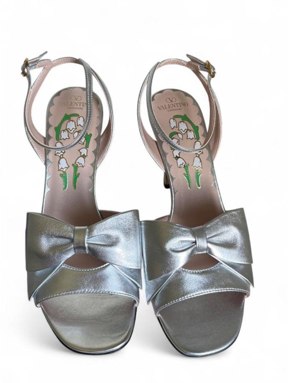 Valentino Garavani Metallic Silver Bow Ankle-Strap Heels